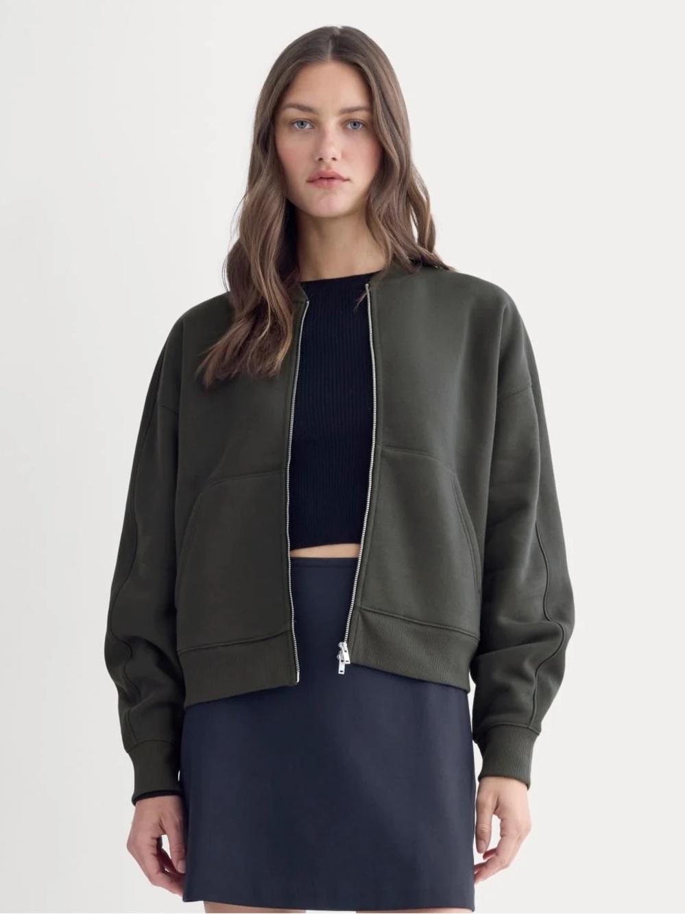 Everlane Luxe Fleece Bomber Jacket – Size Small – Dark Washed Charcoal